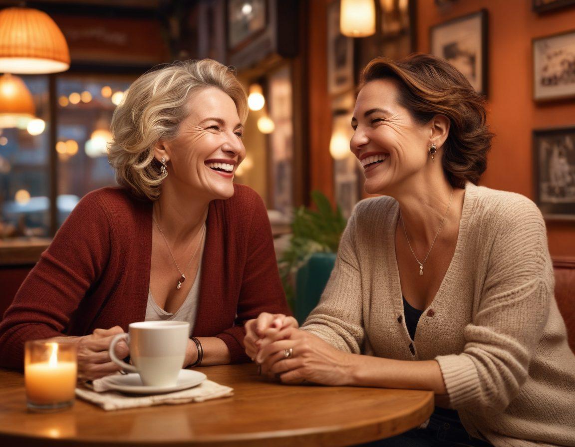 A stylish, confident mid-aged woman laughing and sharing intimate moments with a younger partner in a cozy café, surrounded by soft, warm lighting and artistic decor. The background features hints of urban nightlife, symbolizing excitement and adventure in cougar dating. Emphasize their radiant expressions and genuine connection. super-realistic. vibrant colors. cozy atmosphere.